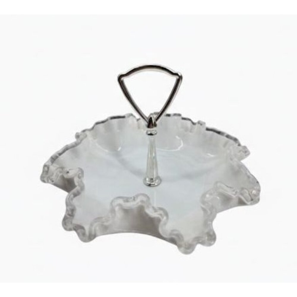 Vintage Fenton‎ Milk Glass Silver Handle Ruffled Edge Candy Dish